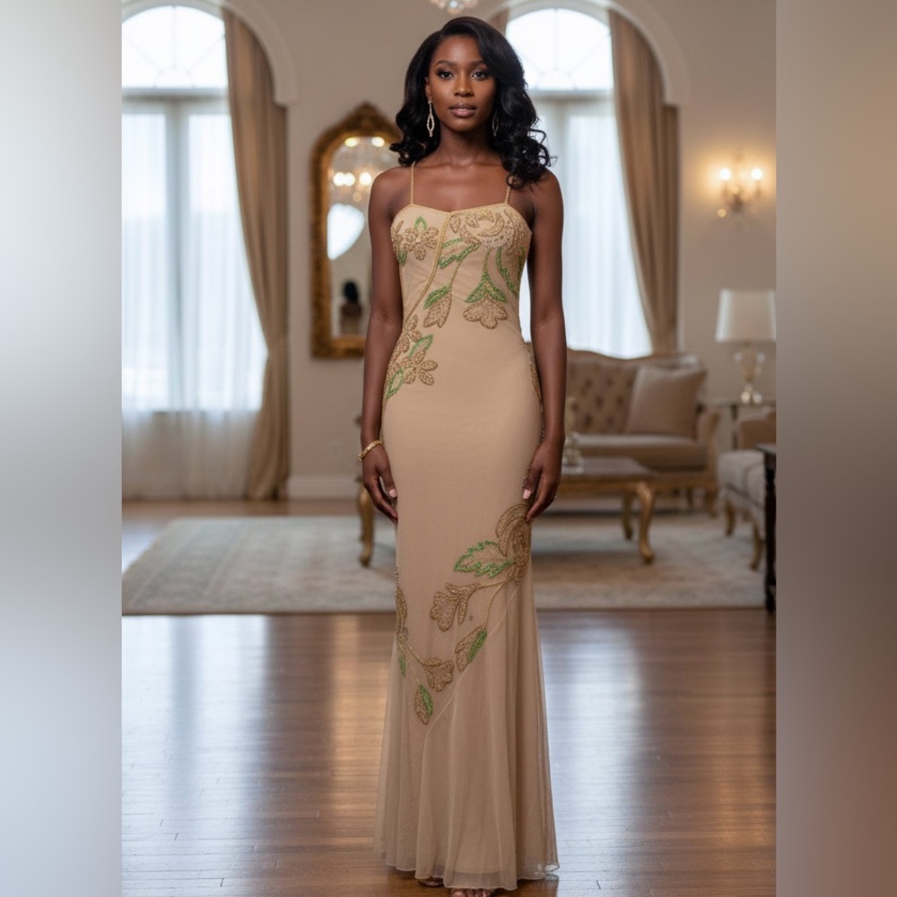 Elegant gold Evening Gown with hand, beaded floral‎ design and rhinestones